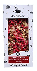 Czekolada biała z karmelizowanymi orzechami i maliną