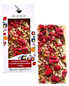 Czekolada biała z karmelizowanymi orzechami i maliną